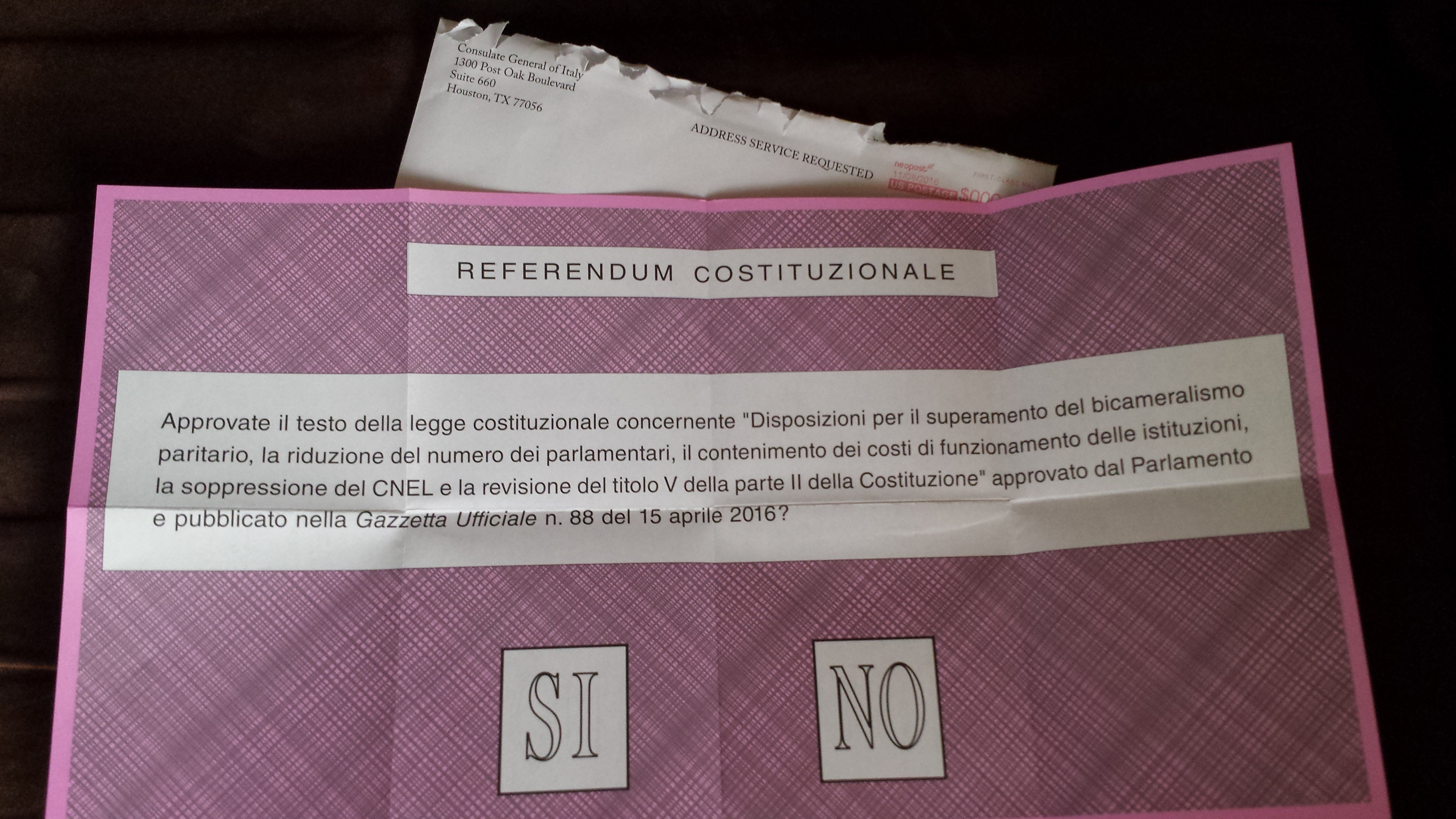 My ballot for the Italian Constitutional Referendum, before I marked it and sent it in.